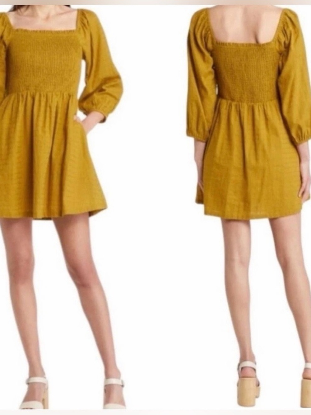 NWT Nordstrom Lost + Wander Ecru-Olive Cotton Smocked Square-Neck Dress